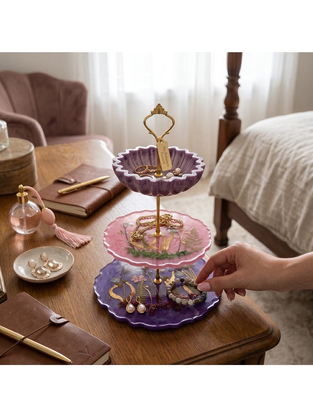 Hidden Grove Tiered Stand | Handcrafted Woodland Resin Display Tray | Botanical